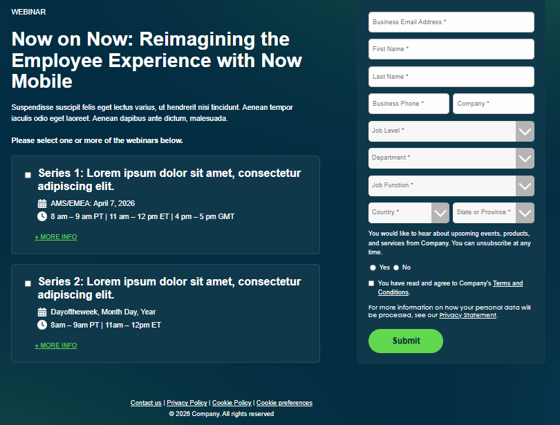 Multi promotional webinar landing page with registration form
